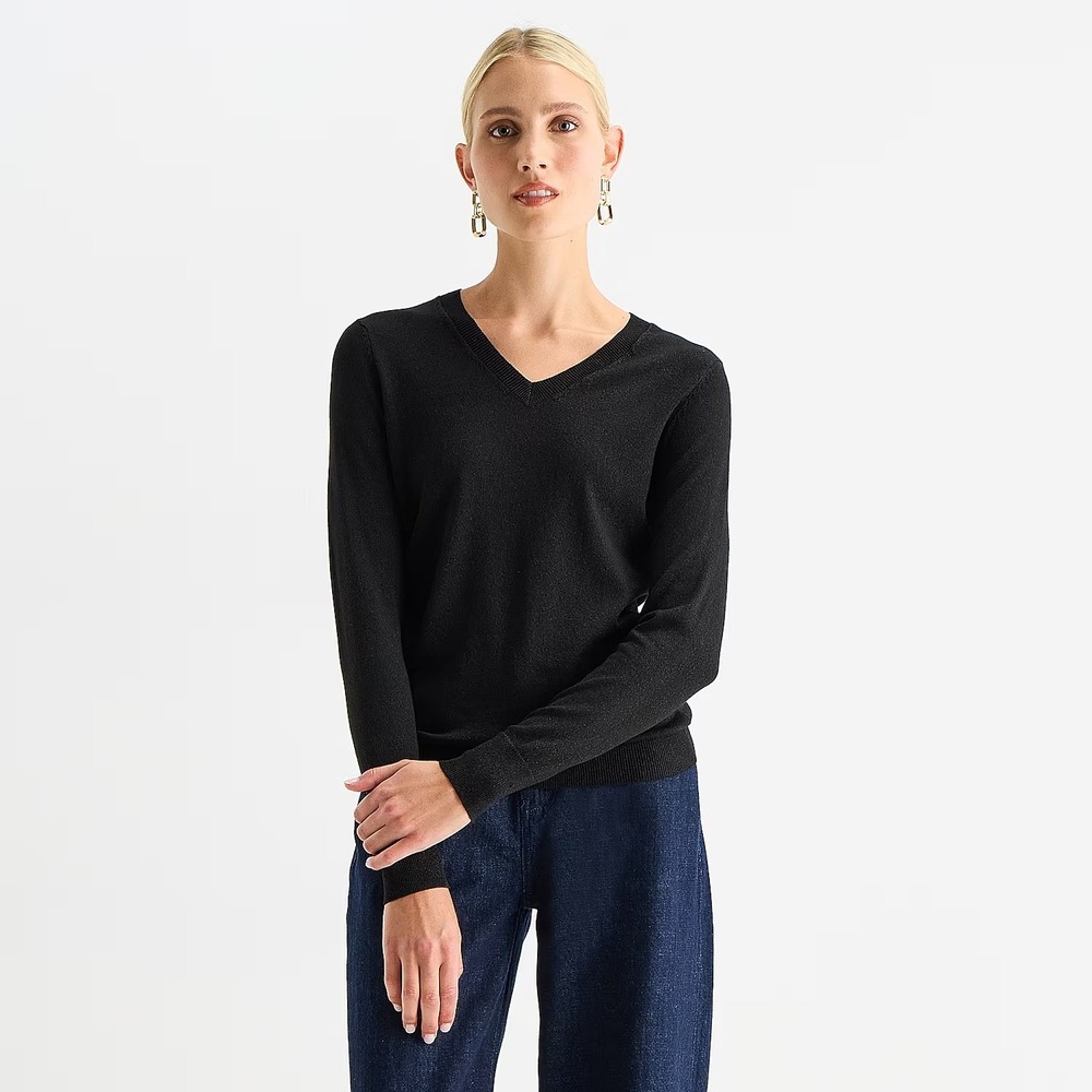 MSRP $38 Worthington Womens M Petite Black Shine V Neck Pullover Sweater Long